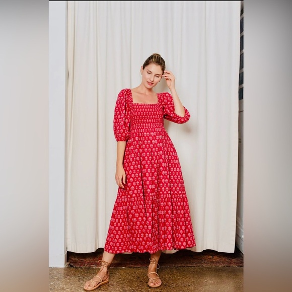 Ophelia & Indigo Red & Pink hydrangea square neck, midi bohemian dress - Picture 3 of 6